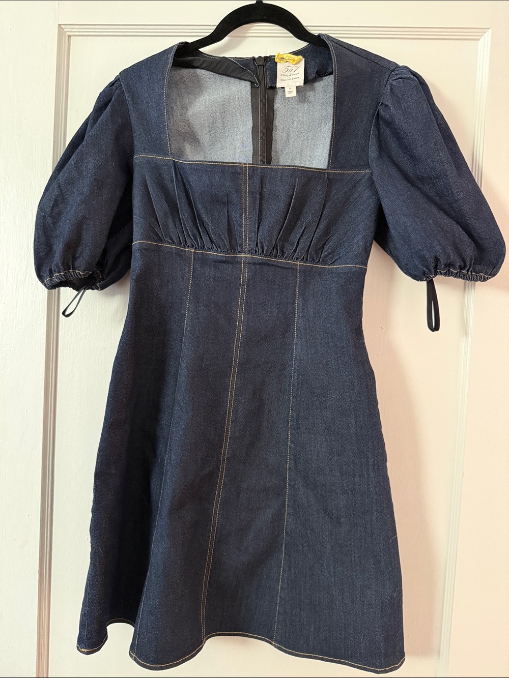 Cinq à Sept Vaughn Square Neck Puff Sleeve Mini Denim Dress Size 4 - Picture 1 of 8